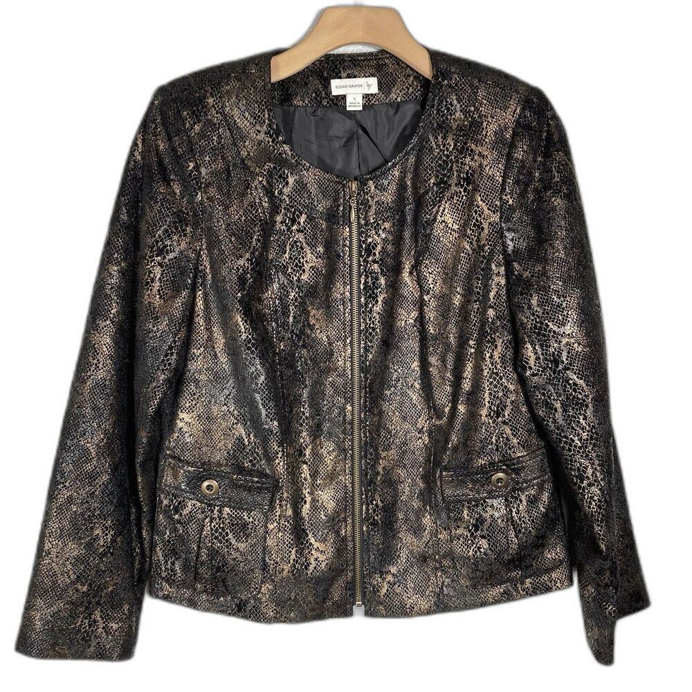 Metallic Snake Print Zip Jacket Size S Glam Rock Edgy Streetwear Gothic Grunge